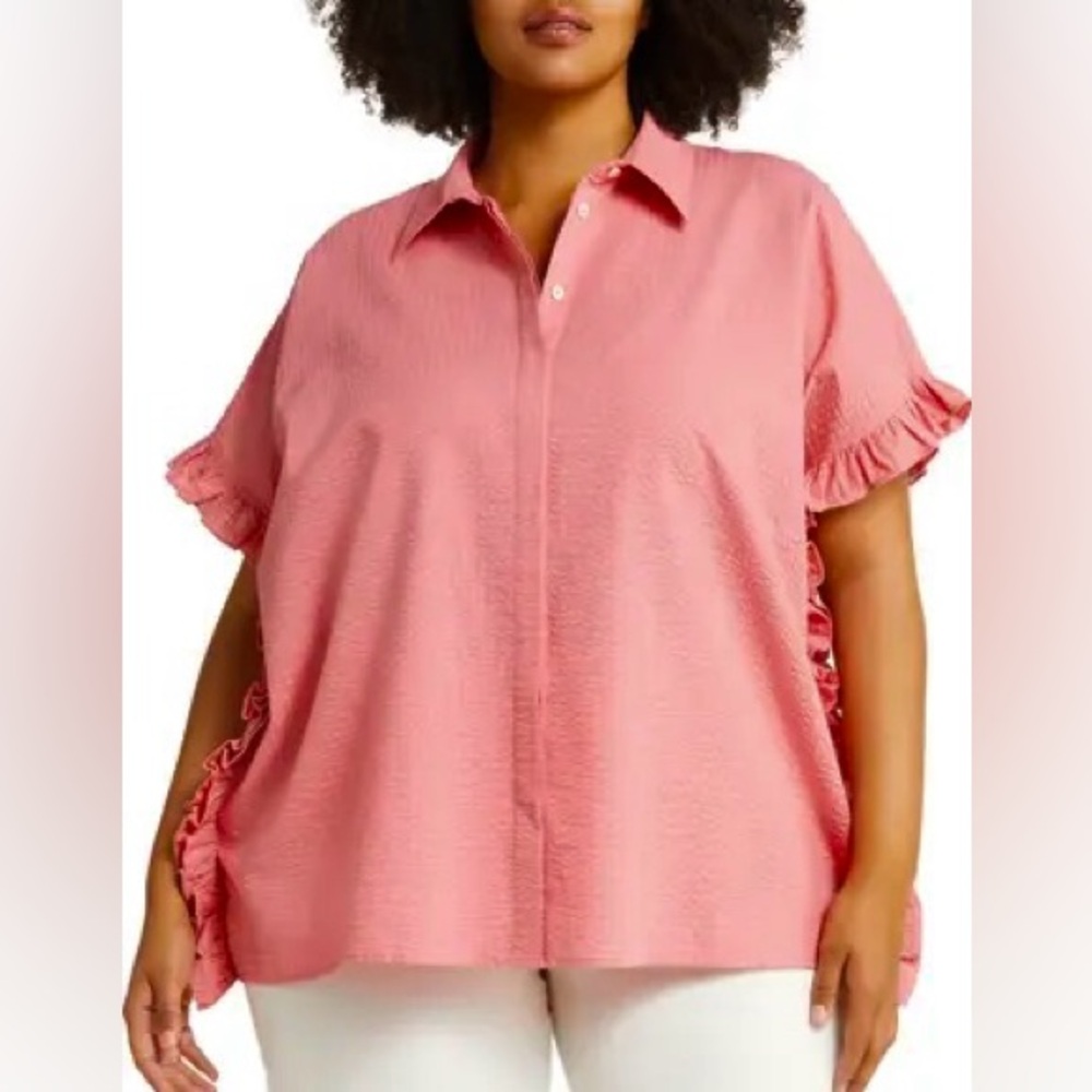 Harshman NWT Rose Pink Seersucker Cotton Linen Ruffle Trim Darcy Shirt Size 3X